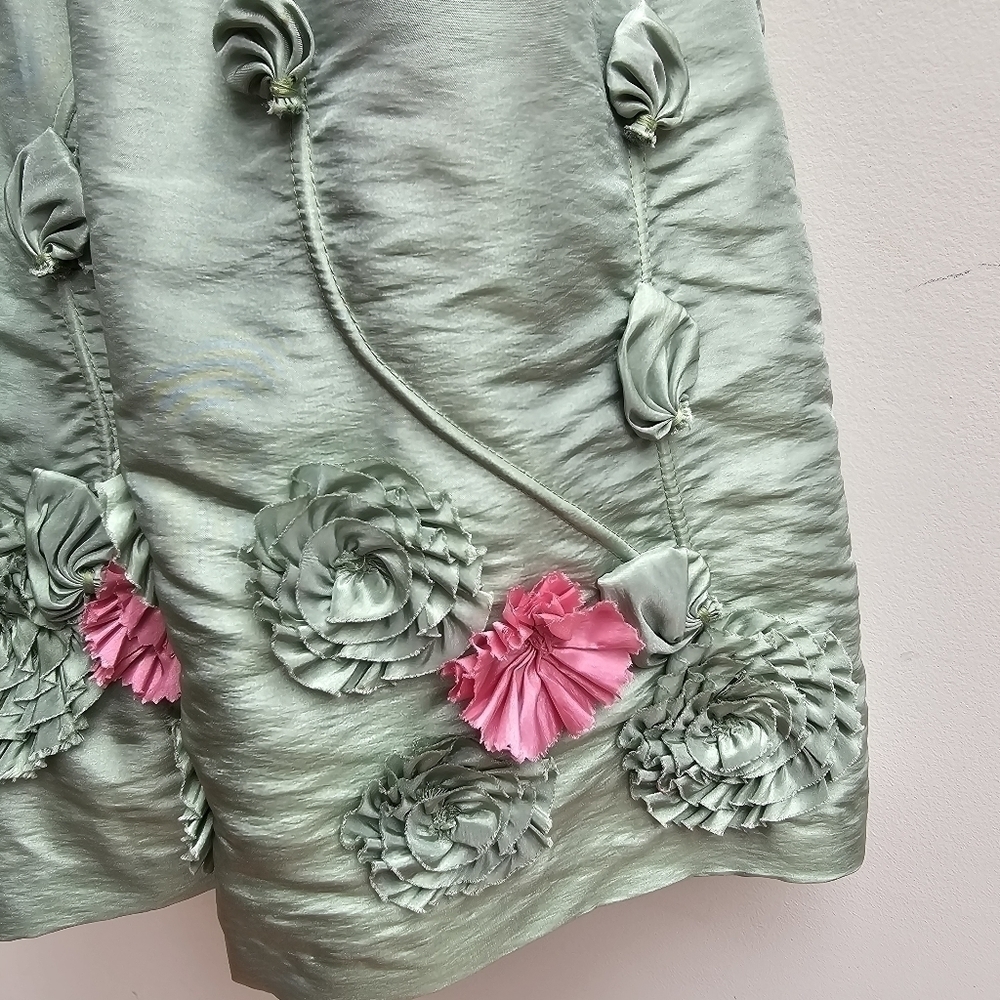 Bill Levkoff Strapless Taffeta with 3D Floral Applique, Green with Pink, Size XS - Picture 8 of 14
